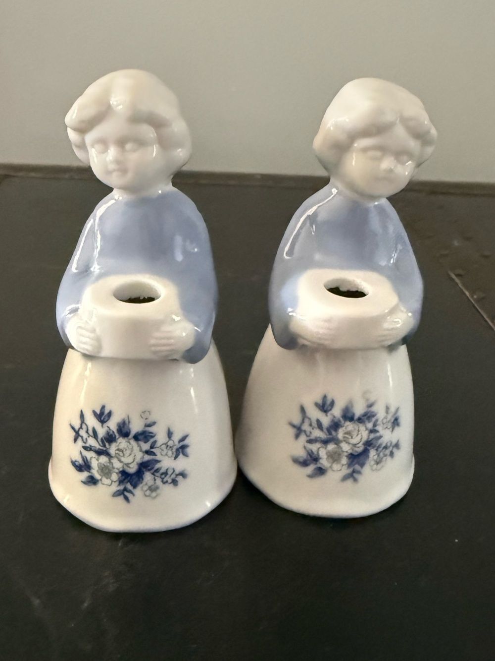 2 Vintage Porcelain Taper Candle Holders Young Girl Figurines Blue & White Dress